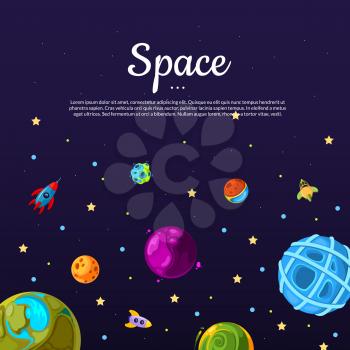 Vector background with place for text with cartoon space planets and ships illustration