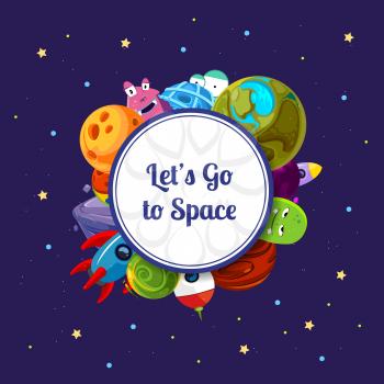 Vector cartoon space planets and ships under circle with place for text illustration. Rocket ship and planet in universe