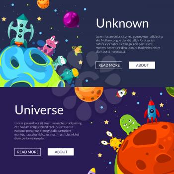 Vector horizontal web banners and poster illustration with cartoon space planets and ships