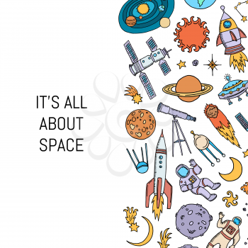 Vector hand drawn space elements banner or poster background with place for text illustration