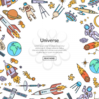Vector hand drawn space elements rocket and planet background with place for text illustration
