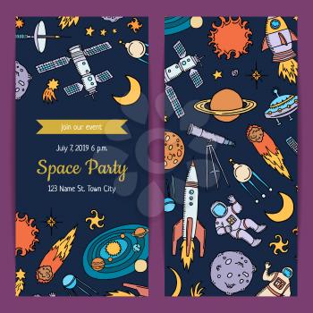 Vector invitation for birthday party with hand drawn space ship elements illustration