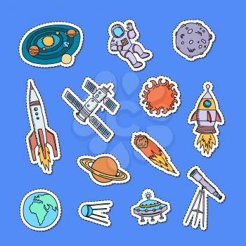 Vector hand drawn space elements stickers set illustration isolated on background