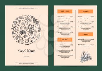 Vector vertical restaurant or cafe menu template with hand drawn herbs and spices illustration