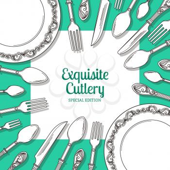 Vector background with hand drawn tableware around square with place for text with shadows. Illustration of restaurant banner with tableware