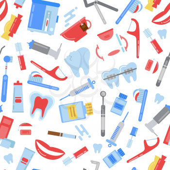 Vector flat style teeth hygiene pattern. Illustration of dentistry hygiene, toothbrush and toothpaste, stomatology care