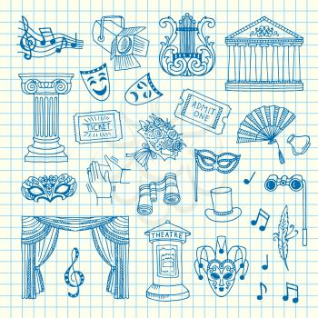 Vector set of doodle theatre elements on cell sheet illustration