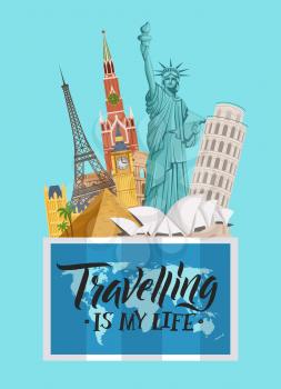 Vector vertical concept illustration with worldwide sights above world map with lettering. Kremlin and statue of liberty, opera and pisa