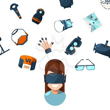 Vector concept illustration with flat style virtual reality elements and woman person in VR glasses