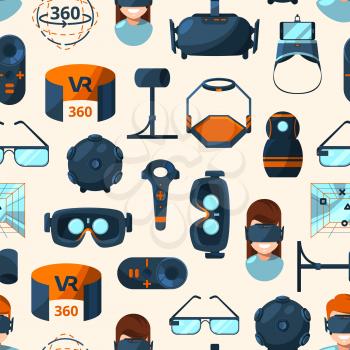 Vector pattern or background illustration with flat style virtual reality elements. Game reality virtual device, seamless pattern with gadget gaming