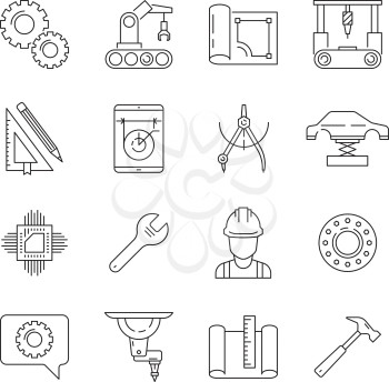 Engineering icon. Mechanical manufacturing technician engineer vector thin line symbols isolated. Illustration of manufacturing and technician engineering illustration