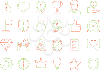 Gamification icons. business achievements line icon set for competitive office managers, advantage vector thin linear badges, levels and rewards. Competition game, gamification business goal