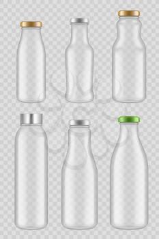 Transparent glass bottles. Packages for juice milk vector mockup isolated. Transparent bottle glass for milk and drink illustration