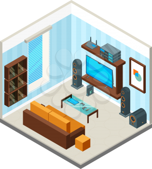 Living room interior. Entertainment home theatre table console tv set computer audio system vector isometric picture. Illustration of living room, home interior with audio tv system
