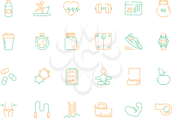 Sport icons. Gym and fitness exercise workout supplements personal training vector colored pictures. Illustration of healthy sport, heartbeat and scales, sneakers and whistle