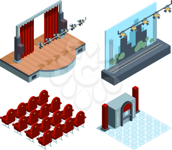 Theater stage isometric. Opera ballet hall interior red curtain actors theater seat vector collection. Curtain and scene, interior of stage theatre illustration