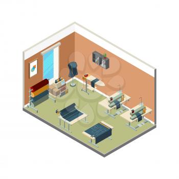 Textile production. Manufacturing factory with sewing machines for textile embroidery vector isometric. Illustration of manufacture production, sewing machine