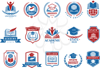 College emblem. School or university badges and labels vector logotype collection. School emblem, college badge and university label with shield illustration
