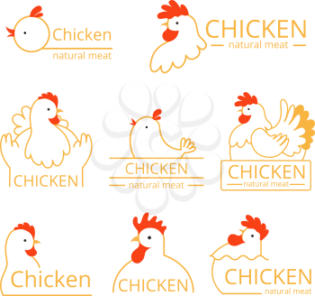Pollo logo. Design template of identity pictures with farm birds chickens and roosters vector food logotype. Farm chicken, natural meat logotype illustration