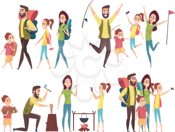 Family traveling. Happy couples with kids hiking mountain exploring camping adventure vector characters. Family hiking adventure, tourism summer illustration