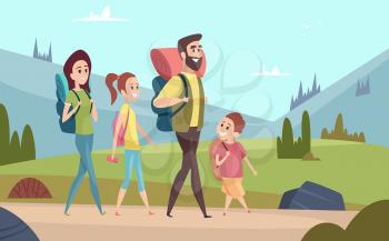 Family hiking background. Walking couples in mountains kids with parents tourists travellers outdoor adventure vector characters. Illustration of family hiking travel summer