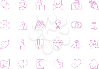 Wedding symbols. Love couple cakes photography camera gifts items for happy wedding day celebration vector thin line icon collection. Wedding celebration icons set, marriage linear illustration