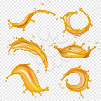 Oil yellow splashes. Golden liquids and drops vector realistic template. Oil liquid, splash drop flowing, wave transparent amber flow illustration