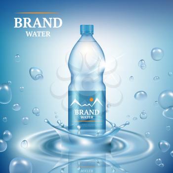 Aqua advertizing. Natural mineral liquid water drops commercial poster merchandising plastic bottle splashes vector realistic template. Illustration of aqua mineral bottle plastic