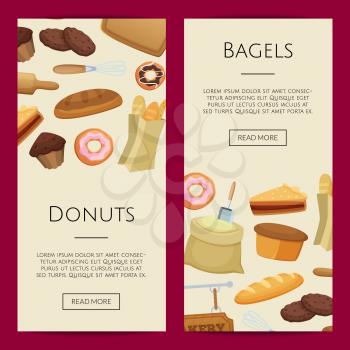 Vector cartoon bakery web banner templates illustration. Card with sweet donuts