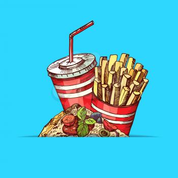 Vector hand drawn colored fast food elements gathered under circle illustration isolated on plain background