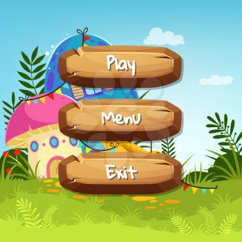 Vector cartoon style wooden buttons with text for game design on fairytale mushroom houses background. Game interface button with house mushroom fairytale illustration