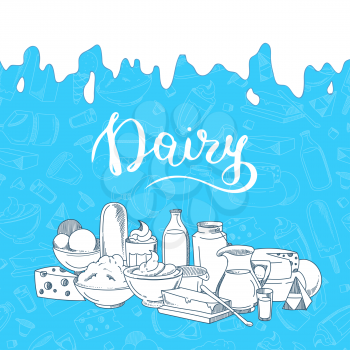 Vector illustration with big pile of sketched dairy products, milk dripping from the top and dairy lettering