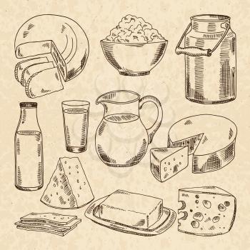 Vintage hand drawn illustrations of yogurt, cheeses and other fresh milk products. Collection of milk food, fresh cheese and dairy cream