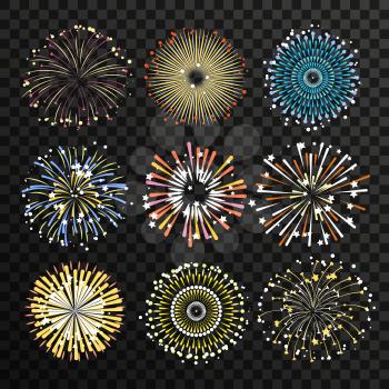 Star burst isolate on transparent background. Big fireworks vector set. Explosion firework light for festival event illustration