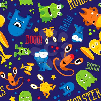 Seamless cute pattern made with monsters, bubbles and words hello, color monster, vector illustration