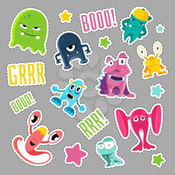 Set of cute monsters and bubbles in the form of a retro patches. Cartoon monster patch, badge sticker in 90s style. Vector illustration