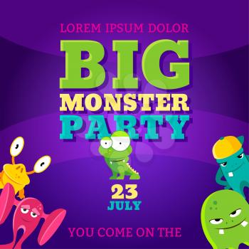 Big monster party card. Invitation poster. Vector template banner illustration