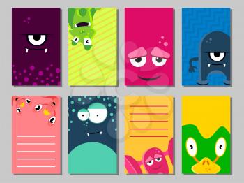 Colorful funny cards set with cute monsters. Templates for birthday, anniversary, party invitations, scrapbooking. Vector illustration