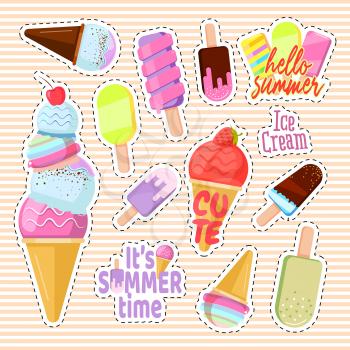 Set of cute ice cream in the form of a retro patches. Vector sticker ice cream, patch fabric embroidery, vector illustration