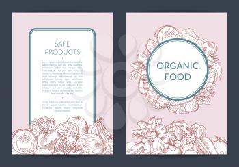 Vector handdrawn fruits and vegetables vegan, healthy food card, brochure, flyer template, organic food banner illustration