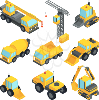Different technic for construction. Isometric cars construction machinery, vector industrial equipment transportation illustration