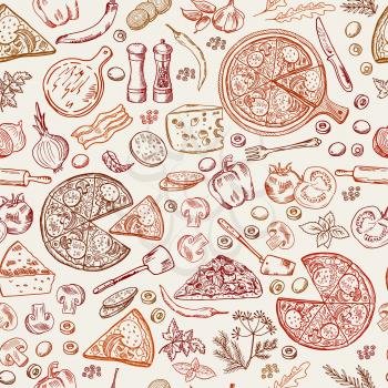 Seamless pattern with classical italian foods. Hand drawn illustrations of pizza. Italian pizza background with cheese mushroom and pepper vegetable vector