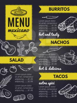 Traditional mexican cuisine. Design template of restaurant menu mexican with burrito and nachos, vector illustration