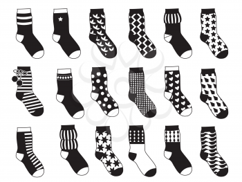 Silhouette of kids socks with different patterns. Vector monochrome illustrations isolate. Set of black white socks garment