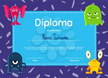 Vector horizontal children diploma or certificate with cute characters cartoon monsters in corners illustration