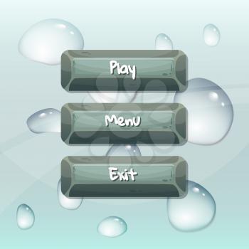 Vector cartoon style stone buttons with text for game design on waterdrops background illustration