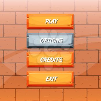 Vector cartoon style orange stone buttons with text for game design on brick texture background illustration