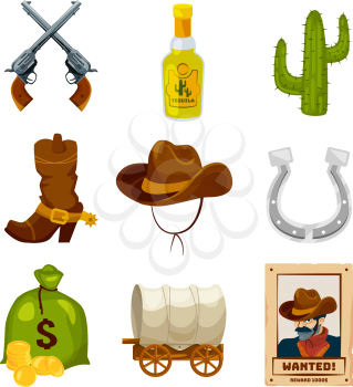 Cartoon icon set for wild west theme. Vector illustrations isolated. Wild west american western, cactus and horseshoe, sack of money and tequila