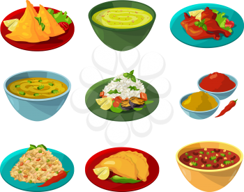 Vector pictures of indian national cuisine. Traditional asian india dinner illustration