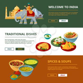 Indian cuisine and different traditional elements. Horizontal banners with place for your text. Indian national dish, traditional asian cuisine banner illustration